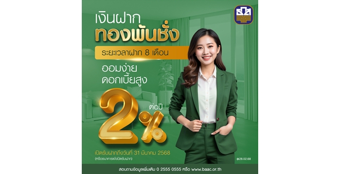 ธ.ก.ส. ชวนออมเงินกับ “เงินฝากทองพันชั่ง” ฝาก 8 เดือน รับดอกเบี้ยทันทีร้อยละ 2 ฝากเลยวันนี้ ใกล้เต็มวงเงินแล้ว!
