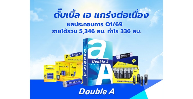 ดั๊บเบิ้ล เอ ยังแกร่งต่อเนื่อง ผลประกอบการ Q1 ปี 69 รายได้รวม 5,346 ลบ. กำไร 336 ลบ. ท่ามกลางวิกฤตเศรษฐกิจโลก